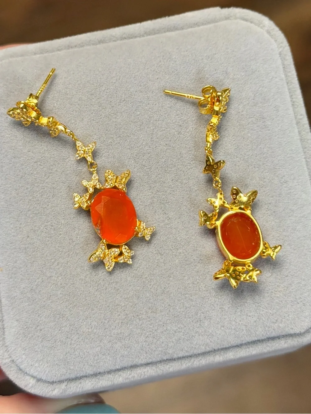 Natural Carnelian 3CT w/ Zircon in 18K Yellow Gold butterfly Dangle Earrings